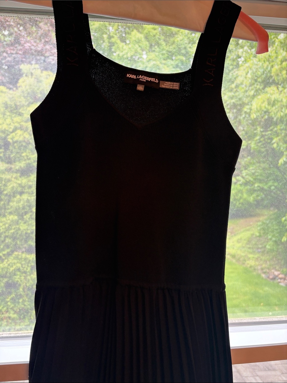 Karl Lagerfeld Black V-Neck Sleeveless Knit Dress with Branded Straps